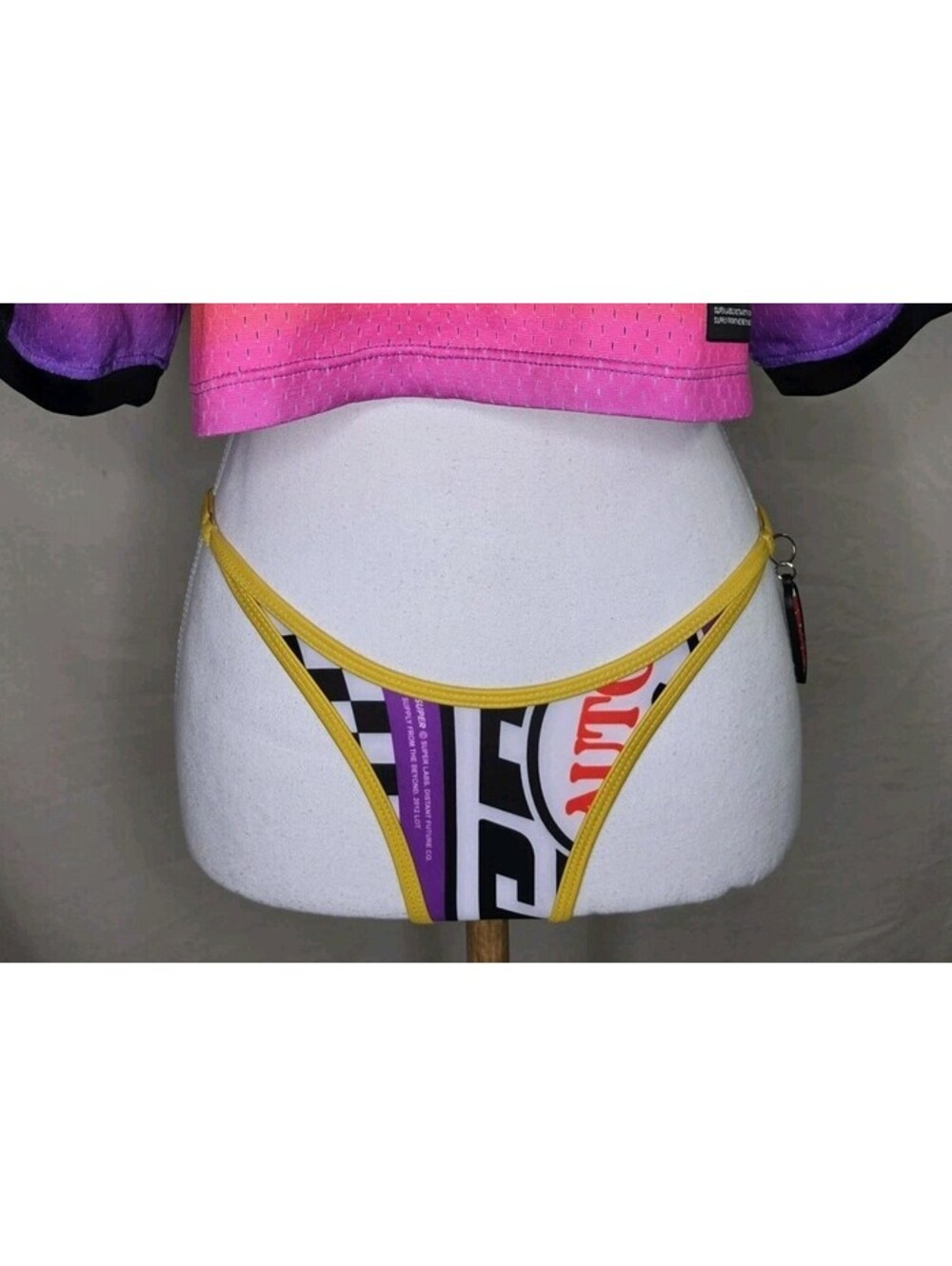 Color Super Ultra Frequency Thong Bikini Bottom Yellow Trim Graphic Size 1 S...